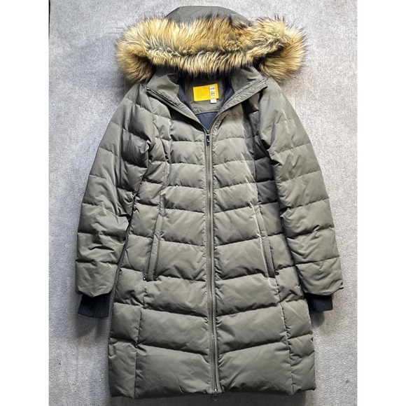 Lole Women's Long Down Puffer Coat Olive Hooded Faux Fur Trim Winter Medium - Picture 2 of 14